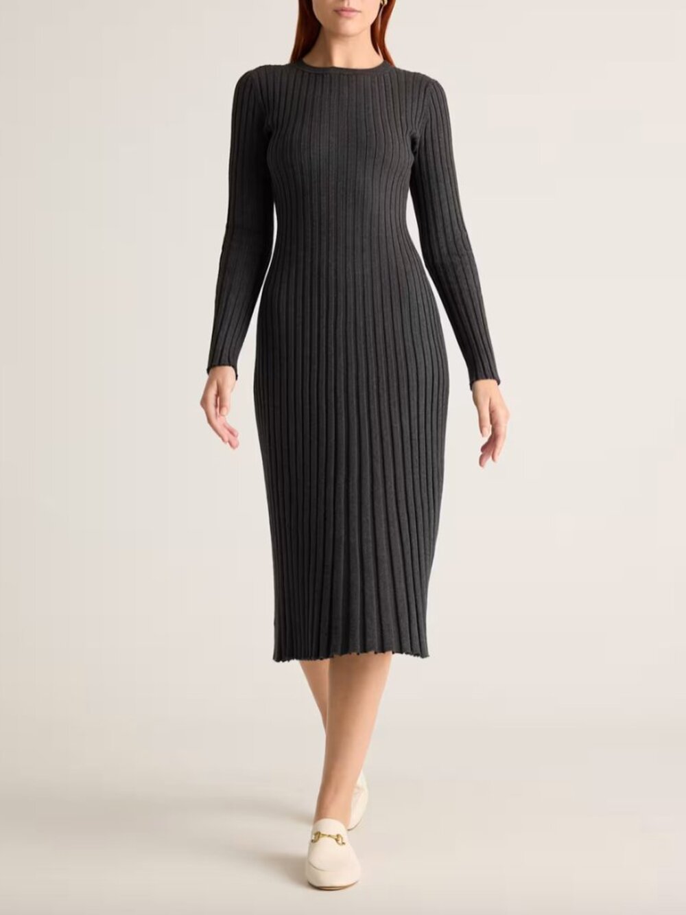 NWT Quince Cotton Cashmere Ribbed Long Sleeve Crew Midi Dress Size S Charcoal